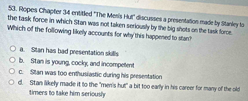 Ropes Chapter 34 entitled "The Men's Hut" discusses a presentation made by Stanley to
the task force in which Stan was not taken seriously by the big shots on the task force.
Which of the following likely accounts for why this happened to stan?
a. Stan has bad presentation skills
b. Stan is young, cocky, and incompetent
c. Stan was too enthusiastic during his presentation
d. Stan likely made it to the "men's hut" a bit too early in his career for many of the old
timers to take him seriously