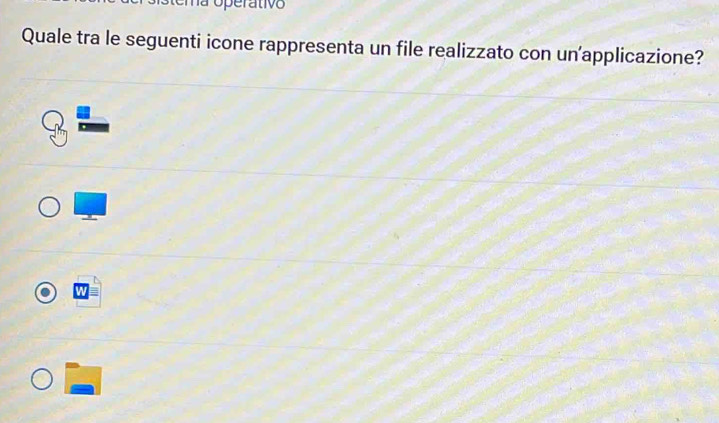 operativo 
Quale tra le seguenti icone rappresenta un file realizzato con un’applicazione?