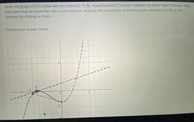 Given the graph of f(x) below with the interval [-5,0] , move the point C so that it satisfies the Mean Value Theorem. Note 
that there may be more than one correct solution, and that the coordinates of the two points labeled A and B can be 
obtained by clicking on them. 
Provide your answer below: