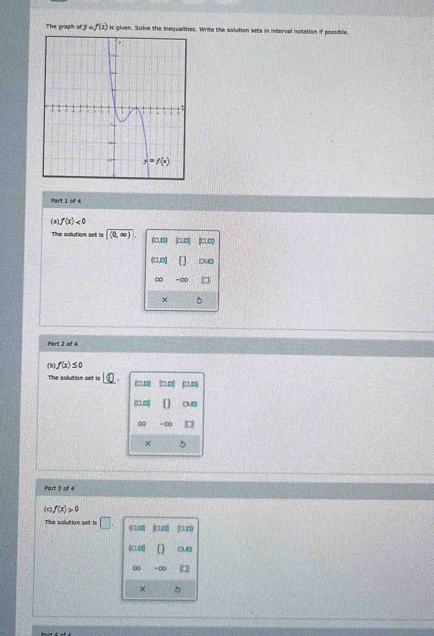 The graph of y=f(x)is given. Solve the inequalities. Write the solution sets in interval notation if possible.
Part 1 of 4
(a) f(x)<0</tex>
The sollution set is (0,∈fty ).
□u□
-∞
×
Part 2 of 4
(b) f(x)≤ 0
The solution set is
∞ -∞
× 5
Part 3 of 4
(c) f(x)>0
The solution set is □ . o
(□ □) U □.4
∞ - ∞