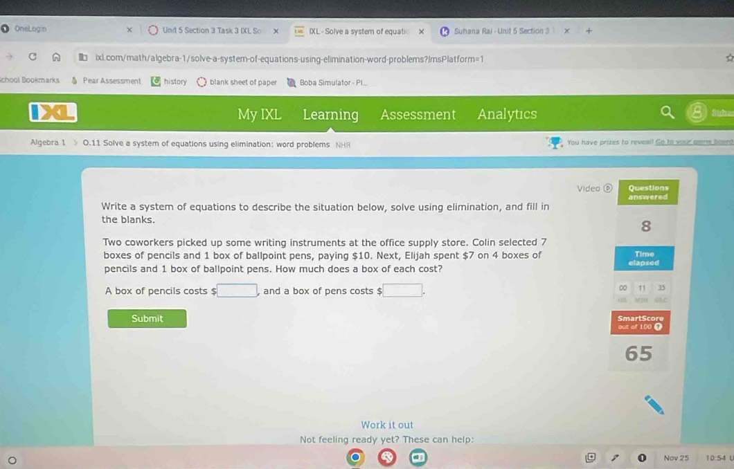 Solved: OneLogin Unit 5 Section 3 Task 3 IXL So IXL> Solve a system of ...