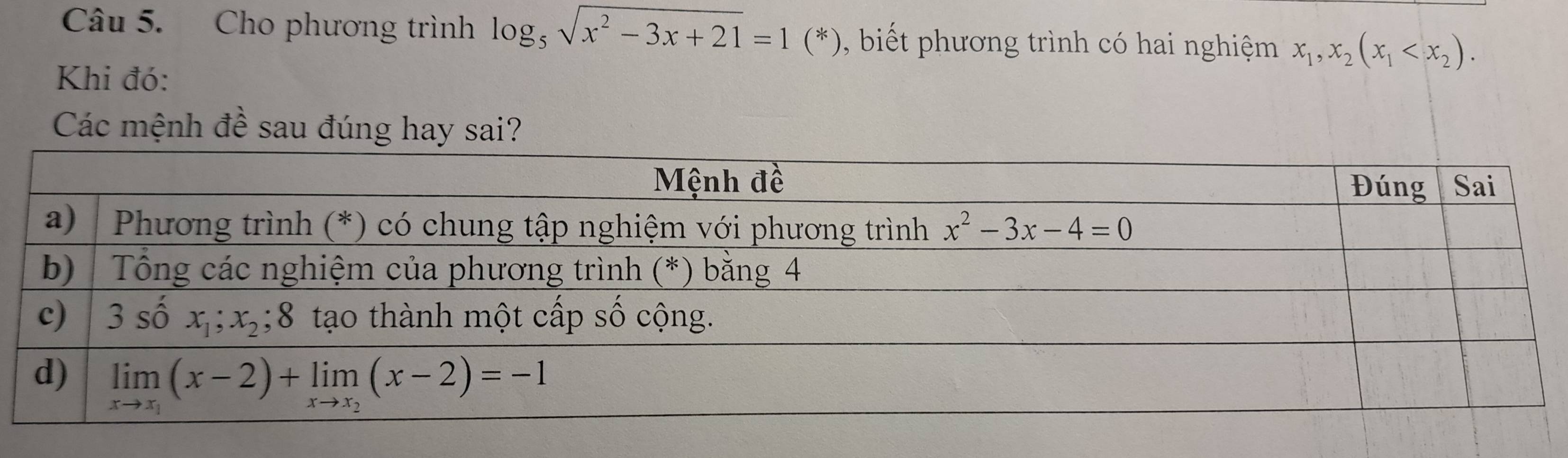 Cho phương trình log _5sqrt(x^2-3x+21)=1(*) biết phương trình có hai nghiệm x_1,x_2(x_1
Khi đó:
Các mệnh đề sau đúng hay sai?