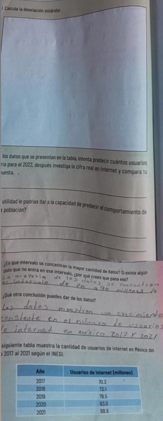 ) Calcula la desviación estándar. 
los datos que se presentan en la tabla, intenta predecir cuántos usuarios 
ría para el 2022, después investiga la cifra real en internet y compara tu 
uesta. 
_ 
utilidad le podrias dar a la capacidad de predecir el comportamiento de 
población? 
_ 
_ 
_ 
En que intervalo se concentran la mayor cantidad de datos? Si existe algún 
ato que no entra en ese intervalo, ¿por qué crees que pasa eso? 

_ 
Que otra conclusión puedes dar de los datos? 
_ 
_ 
_ 
siquiente tabla muestra la cantidad de usuarios de internet en México del 
2017 al 2021 según el INEGI.