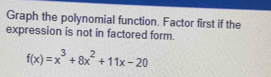 Graph the polynomial function. Factor first if the 
expression is not in factored form.
f(x)=x^3+8x^2+11x-20