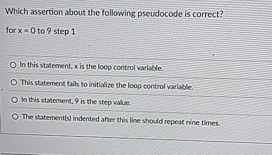 Solved: Which assertion about the following pseudocode is correct? for ...