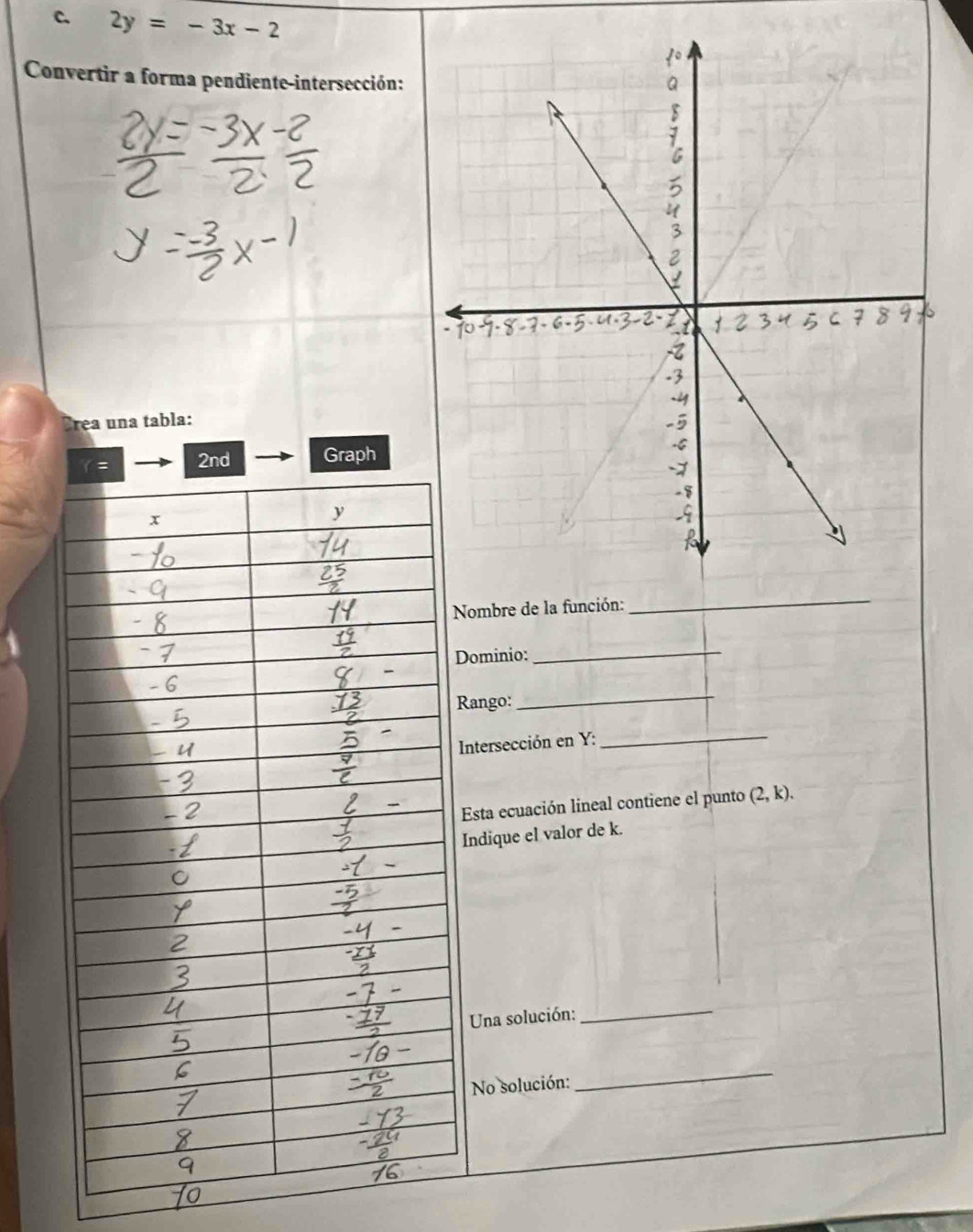 2y=-3x-2
Convertir a forma pendiente-intersección:
Crea una tabla:
2nd Graph
Nombre de la función:
_
Dominio:_
Rango:
_
Intersección en Y:_
Esta ecuación lineal contiene el punto (2,k).
Indique el valor de k.
Una solución:_
No solución:
_