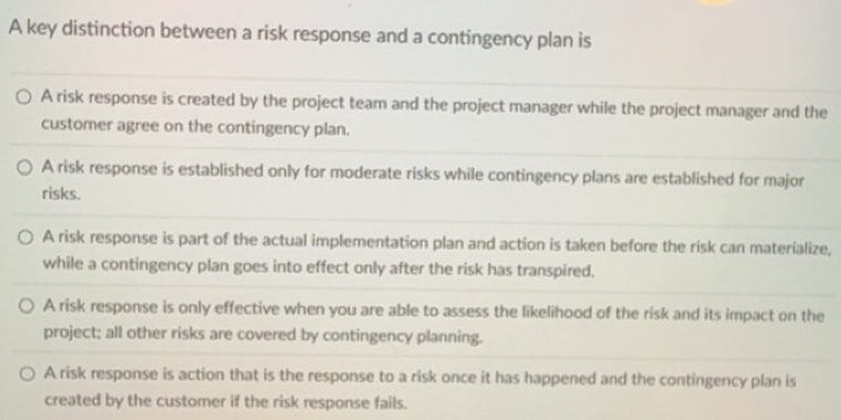 Solved: A key distinction between a risk response and a contingency ...
