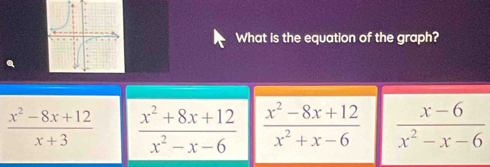 What is the equation of the graph?
 (x^2-8x+12)/x+3   (x^2+8x+12)/x^2-x-6   (x^2-8x+12)/x^2+x-6   (x-6)/x^2-x-6 