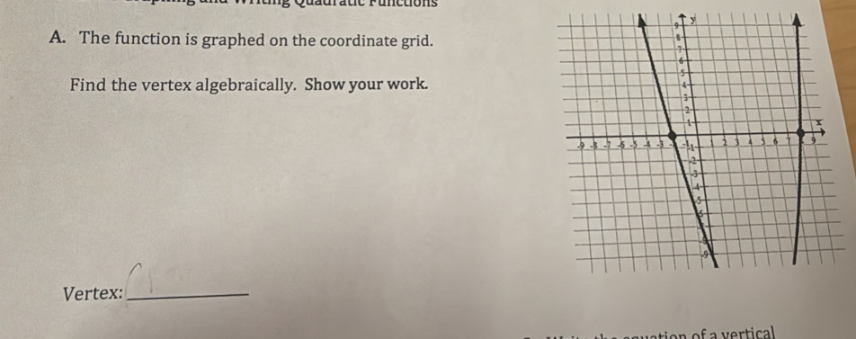 The function is graphed on the coordinate grid. 
Find the vertex algebraically. Show your work. 
Vertex:_ 
f a vertical