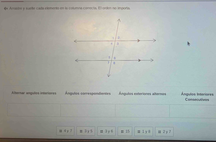 €* Arrastre y suelte cada elemento en la columna correcta. El orden no importa. 
Alternar angulos interiores Ángulos correspondientes Ángulos exteriores alternos Ángulos Interiores 
Consecutivos
4 y 7 3 y 5 3y 6 15 1 y 8 2 y 7