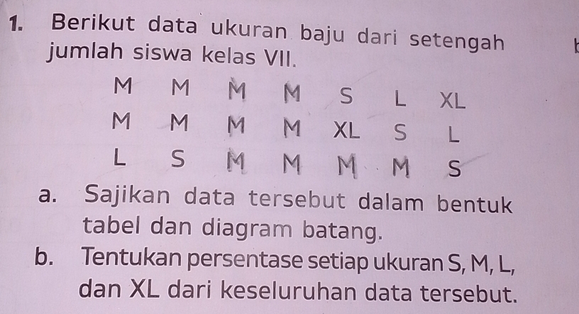 Berikut data ukuran baju dari setengah 
jumlah siswa kelas VII.
M M M M S L XL
M M M M XL S L
L S M M M M S
a. Sajikan data tersebut dalam bentuk 
tabel dan diagram batang. 
b. Tentukan persentase setiap ukuran S, M, L, 
dan XL dari keseluruhan data tersebut.