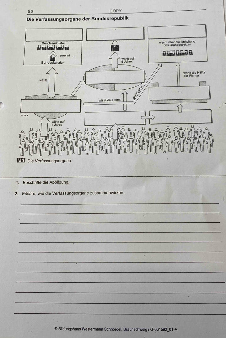 COPY 
1. Beschrifte die Abbildung. 
2. Erkläre, wie die Verfassungsorgane zusammenwirken. 
_ 
_ 
_ 
_ 
_ 
_ 
_ 
_ 
_ 
_ 
_ 
_ 
© Bildungshaus Westermann Schroedel, Braunschweig / G-001592_01-A