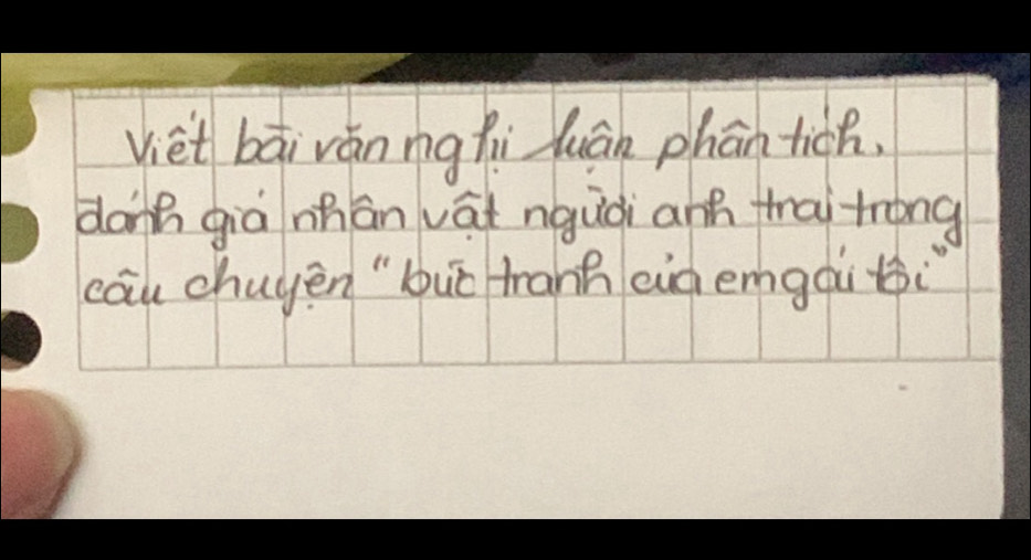 viet bāi ván ng hi luán phān tich. 
danh giā nhān vāi nguài ann trai trong 
cāu chuyèn " buǐ trann eià emgàitòi