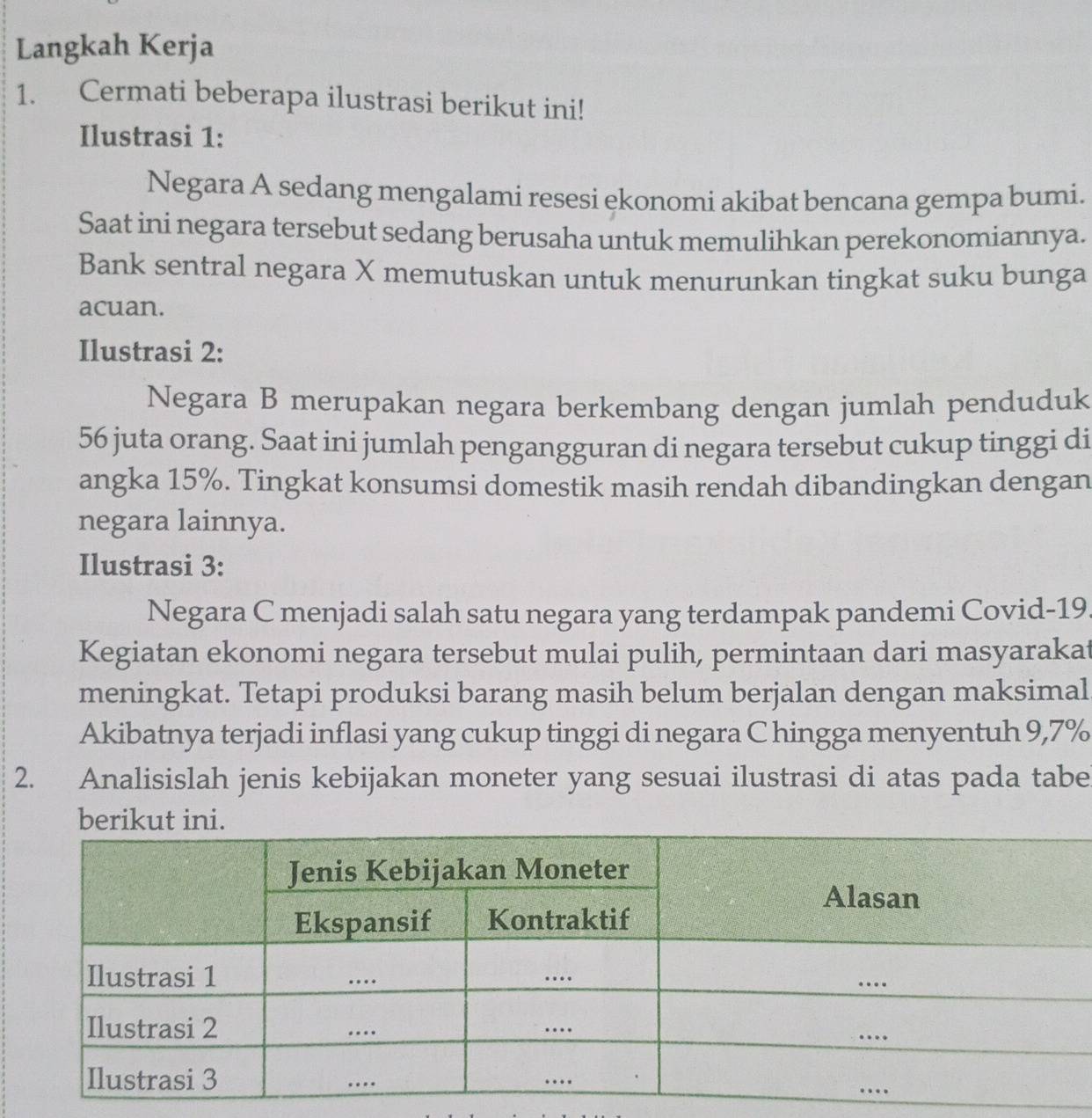 Langkah Kerja 
1. Cermati beberapa ilustrasi berikut ini! 
Ilustrasi 1: 
Negara A sedang mengalami resesi ekonomi akibat bencana gempa bumi. 
Saat ini negara tersebut sedang berusaha untuk memulihkan perekonomiannya. 
Bank sentral negara X memutuskan untuk menurunkan tingkat suku bunga 
acuan. 
Ilustrasi 2: 
Negara B merupakan negara berkembang dengan jumlah penduduk
56 juta orang. Saat ini jumlah pengangguran di negara tersebut cukup tinggi di 
angka 15%. Tingkat konsumsi domestik masih rendah dibandingkan dengan 
negara lainnya. 
Ilustrasi 3: 
Negara C menjadi salah satu negara yang terdampak pandemi Covid- 19
Kegiatan ekonomi negara tersebut mulai pulih, permintaan dari masyarakat 
meningkat. Tetapi produksi barang masih belum berjalan dengan maksimal 
Akibatnya terjadi inflasi yang cukup tinggi di negara C hingga menyentuh 9,7%
2. Analisislah jenis kebijakan moneter yang sesuai ilustrasi di atas pada tabe 
berikut in