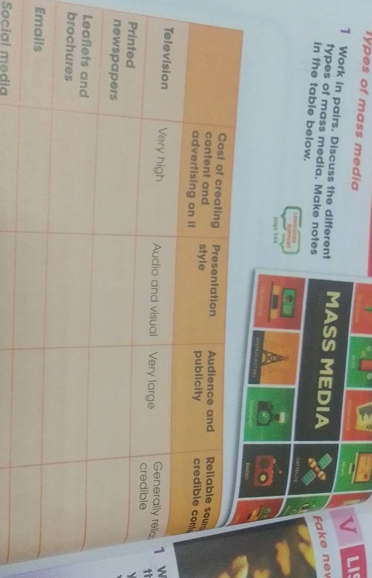 lypes of mass media 
V LIS 
1 Work in pairs. Discuss the different MASS MEDIA 
types of mass media. Make notes 
Fake nev 
in the table below. 
LAT TE LITE 
SUPBORT 
page 744 
HEHARSCA 
w 
th 
E 
Social media