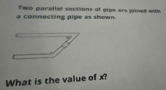 Two parallel sections of pipe are joined with 
a connecting pipe as shown.
40°
What is the value of x?