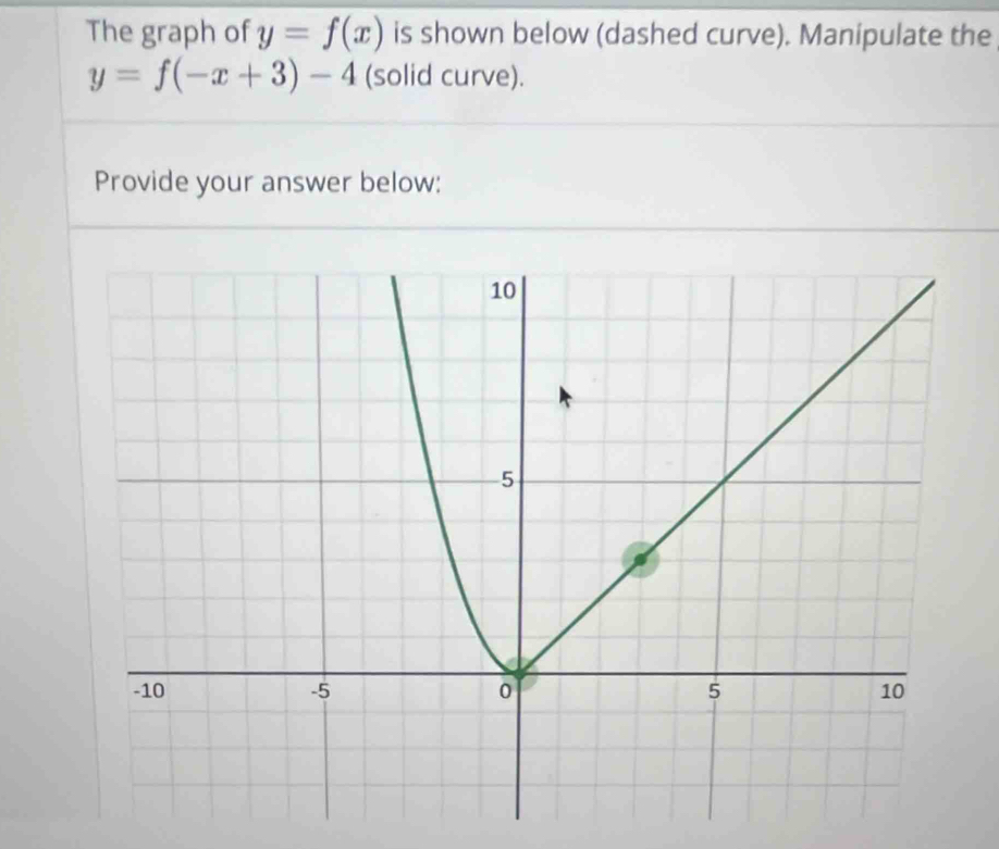 The graph of y=f(x) is shown below (dashed curve). Manipulate the
y=f(-x+3)-4 (solid curve).
Provide your answer below: