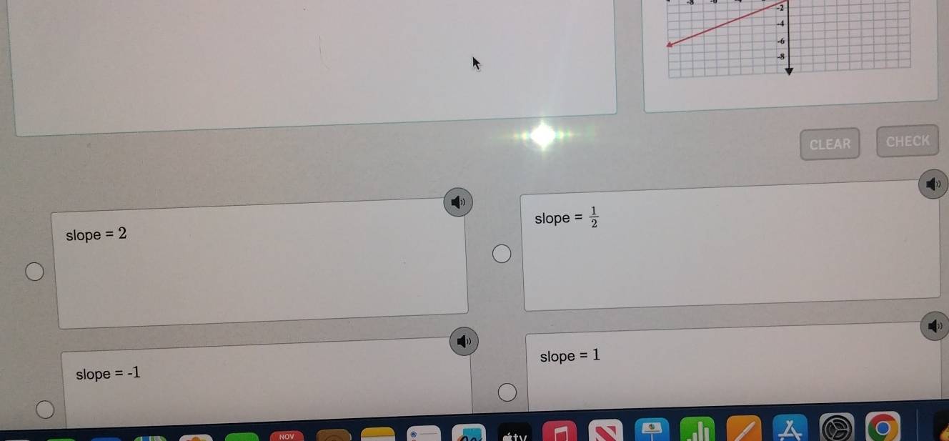 CLEAR CHECK
slope = 1/2 
slope =2
slope =1
slope =-1