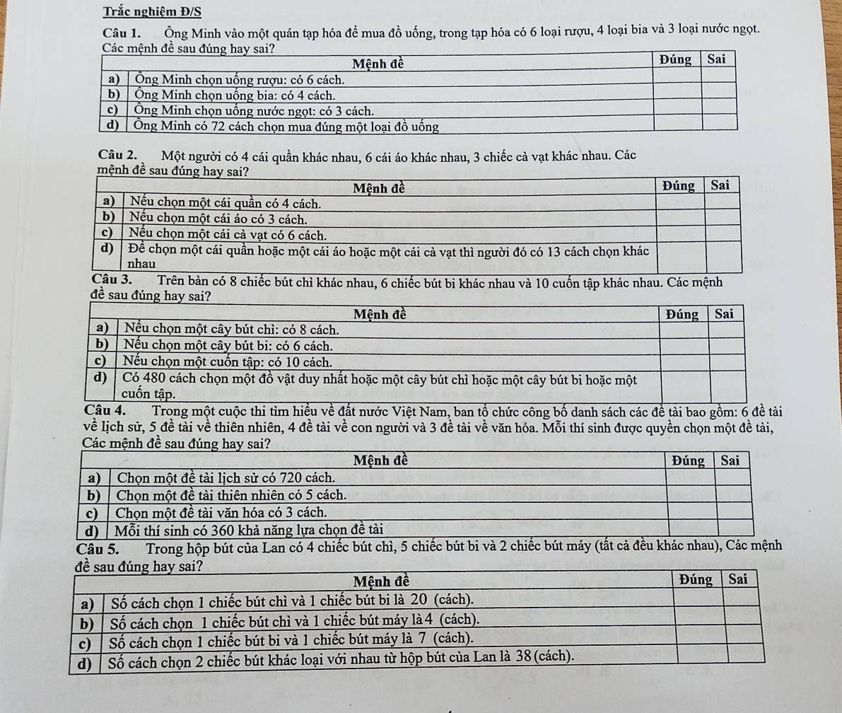 Trắc nghiệm Đ/S 
Câu 1. Ông Minh vào một quán tạp hóa để mua đồ uống, trong tạp hóa có 6 loại rượu, 4 loại bia và 3 loại nước ngọt. 
Câu 2. Một người có 4 cái quần khác nhau, 6 cái áo khác nhau, 3 chiếc cà vạt khác nhau. Các 
hác nhau, 6 chiếc bút bi khác nhau và 10 cuốn tập khác nhau. Các mệnh 
đề sau đún 
Câu 4. Trong một cuộc thi tìm hiều về đất nước Việt Nam, ban tổ chức công bố danh sách các đề tài bao gồm: 6 đề tài 
về lịch sử, 5 đề tài về thiên nhiên, 4 đề tài về con người và 3 đề tài về văn hóa. Mỗi thí sinh được quyền chọn một đề tài, 
Câu 5. Trong hộp bút của Lan có 4 chiếc bút chì, 5 chiếc bút bi và 2 chiếc bút máy (tất cả đều khác nhau), Các mệnh