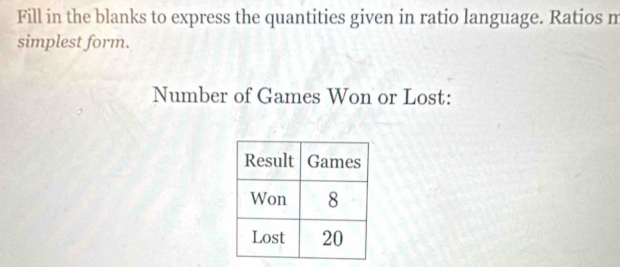 Fill in the blanks to express the quantities given in ratio language. Ratios m 
simplest form. 
Number of Games Won or Lost: