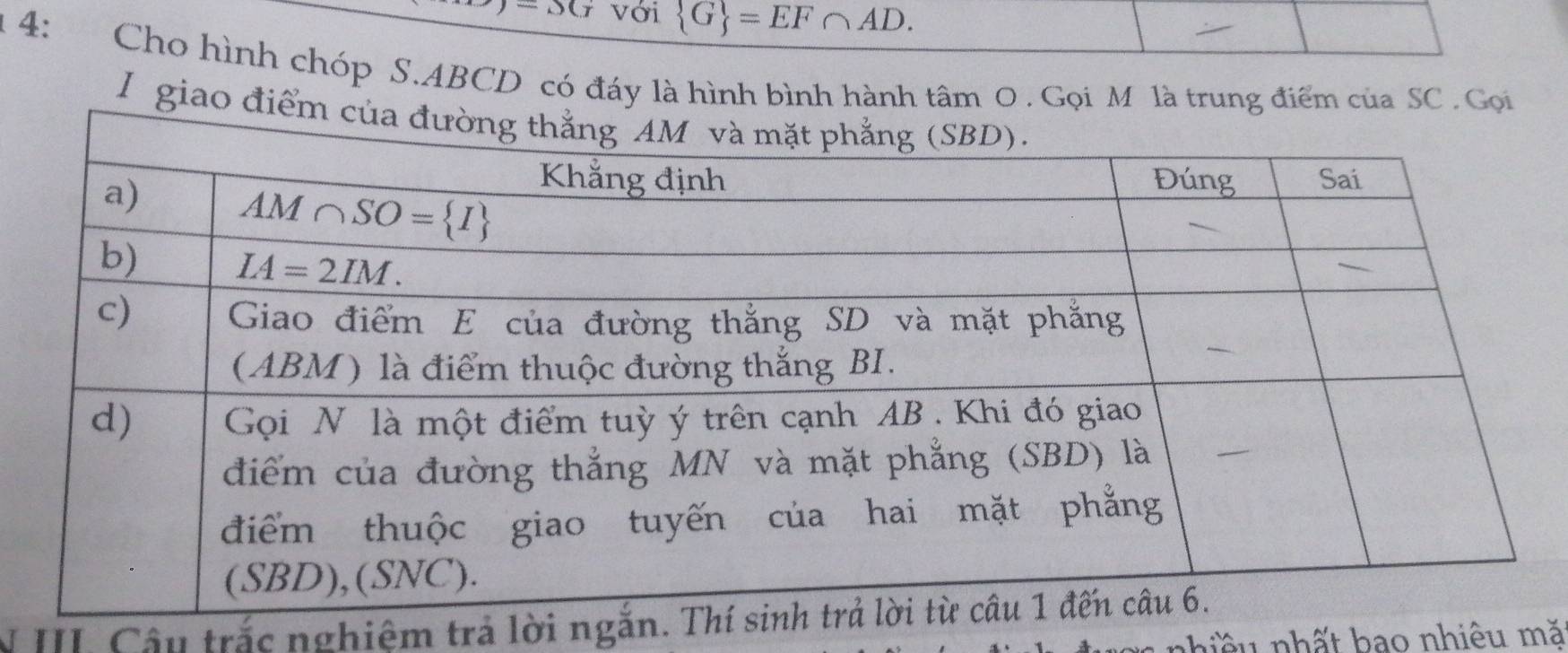 )=S(_7 với  G =EF∩ AD.
1 4: Cho hình chóp S.ABCD có đáy là hình bình hành tâm O . Gọi M là trung điểm của SC .Gọi
I giao đi
N II Câu trắc nghiệm trả lời ngắn
nhiều nhất bao nhiêu mă