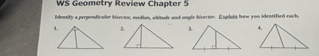 WS Geometry Review Chapter 5 
Identify a perpendicular bisector, median, altitude and angle bisector. Explain how you identified each.