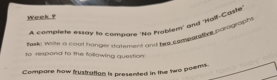 Week 9 
A complete essay to compare ‘No Problem’ and 'Half-Caste' 
Task: Write a coat hanger statement and two comparative paragraphs 
to respond to the following question: 
Compare how frustration is presented in the two poems.