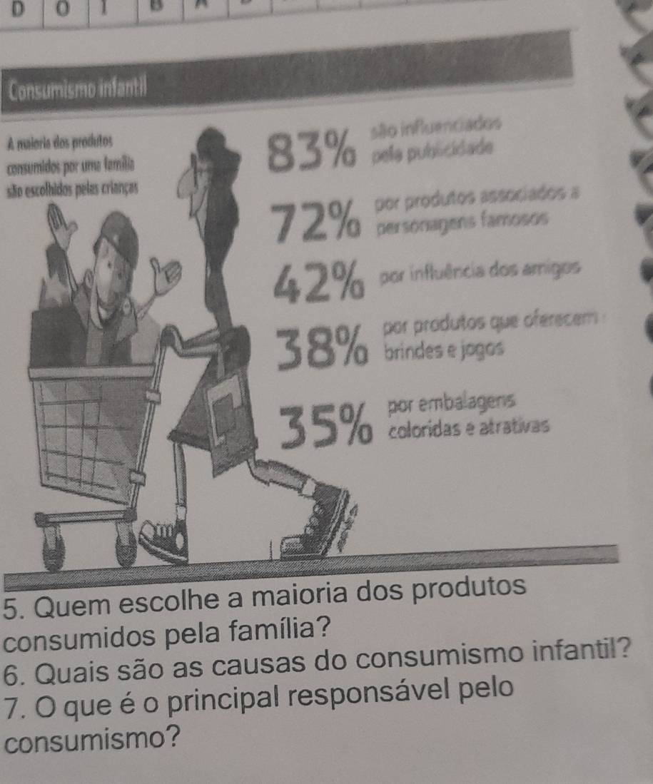 Consumismo infantil
são influenciados
A maioria dos produtos
consumidos por uma família
83% pela publcidade
são escolhidos pelas crianças
por produtos assocíados a
72% persónagens famosos
42% por influência dos amigos
por produtos que oferecem
38% brindes e jogos
por embalagens
35% coloridas e atrativas
5. Quem escolhe a maioria dos produtos
consumidos pela família?
6. Quais são as causas do consumismo infantil?
7. O que é o principal responsável pelo
consumismo?