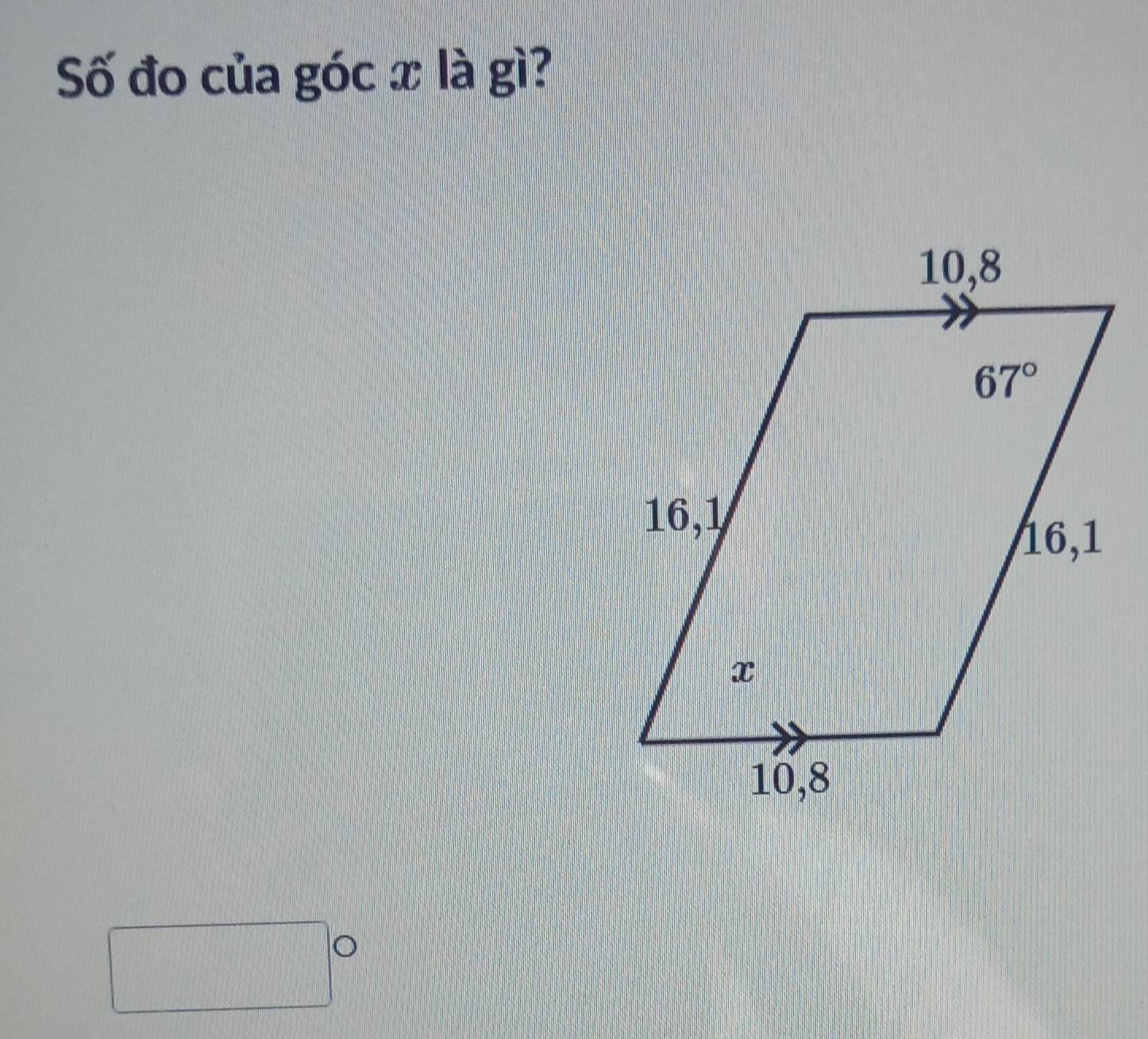 Số đo của góc x là gì?
x_1+x_2= □ /□   C