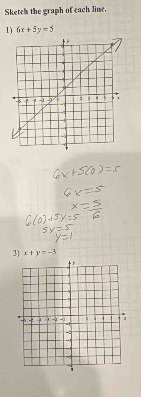 Sketch the graph of each line.
1) 6x+5y=5
3) x+y=-3