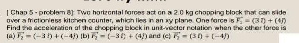 [ Chap 5 - problem 8]: Two horizontal forces act on a 2.0 kg chopping block that can slide 
over a frictionless kitchen counter, which lies in an xy plane. One force is vector F_1=(3i)+(4j)
Find the acceleration of the chopping block in unit-vector notation when the other force is 
(a) vector F_2=(-3i)+(-4j) (b) vector F_2=(-3i)+(4j) and (c) vector F_2=(3i)+(-4j)