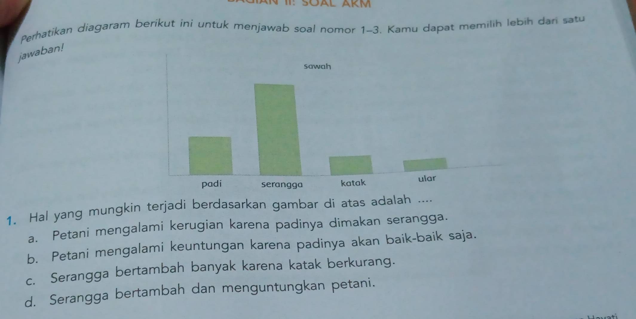 II: SÖAL AKM
Perhatikan diagaram berikut ini untuk menjawab soal nomor 1-3. Kamu dapat memilih lebih dan satu
jawaban!
1. Hal yang mungkin terjadi berdasarkan gambar di atas adalah ....
a. Petani mengalami kerugian karena padinya dimakan serangga.
b. Petani mengalami keuntungan karena padinya akan baik-baik saja.
c. Serangga bertambah banyak karena katak berkurang.
d. Serangga bertambah dan menguntungkan petani.