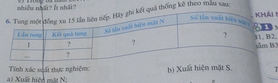 rrong ba ha 
nhiều nhất? Ít nhất? 
ả thống kê theo mẫu sau: 
n 
, 
3 
Tính xác suất thực nghiệm: b) Xuất hiện mặt S. T 
a) Xuất hiện mặt N;