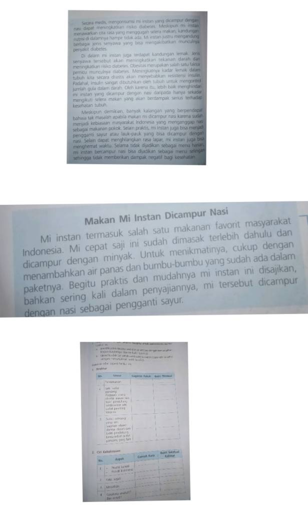 Secara medis, mengonsumsi mi instan yang dicampur dengar
rni dapal meninókatkan rsiko diabetes. Meskipun mi instan
menawarkan cita rasa yang menggugah selera makan, kandurgan
nutral oi dalamnya hampir tidak ada. M. instan justru mengandung
berbagai jenis senyawa yang bisa mengakibatkan munculya 
penyakur diabetes
Di dalam mi instan juga terdapat kandungan lemak. Jena
senyawa tersebüt akan meningkatkan tekaran darah dar
meningkatiuan risiko dabetes. Obesisas merupakan salan satu faktor
pirmicu manculnya diabetes. Meningkatoya kadar lemak dalam
tubuḥ lita secara drasts akan menyetabian resistensi insulias.
Radahal, insulin sangat dibutuhian olen tubuh untuk mengontro
jumiah guia dalam darah. Oksh karena itu, lebih baik menghindar
mi instan yang dicampur dengan nasi danpada hanya sekadæ
mengikuti solera makan yang akan berdampak serius terhadap
kesehatan tubun.
Meskipun demikian, banyak kirlangan yang berpendapat
bahwa tak masalah apabiia makan m dicampur nasi karena sudah
menjadi kebiasaan masyarakat Indonesia yang menganggap nas
sebagai makanan pokok. Selain praktis, mi instan juga bisa menjad
pengganti sayur atau lauk-pauk yang bisa dicampur dengan 
Haşi Selain dapat menghilanqkan rasa lapar, mi instan juga bia
menghemat waktu. Selama tidak dijadikan sebagai menu haran.
mi instan bercampur nasi bisa disadikan sebagai menu selingan
sehingga tidak memborkan dampak negatif bagi kosehatan.
Makan Mi Instan Dicampur Nasi
Mi instan termasuk salah satu makanan favorit masyarakat
Indonesia. Mi cepat saji ini sudah dimasak terlebih dahulu dan
dicampur dengan minyak. Untuk menikmatinya, cukup dengan
menambahkan air panas dan bumbu-bumbu yang sudah ada dalam
paketnya. Begitu praktis dan mudahnya mi instan ini disajikan,
bahkan sering kali dalam penyajiannya, mi tersebut dicampur
dengan nasi sebagai pengganti sayur.
               
w  t  k