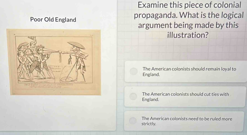 Examine this piece of colonial
Poor Old England
propaganda. What is the logical
argument being made by this
illustration?
The American colonists should remain loyal to
England.
The American colonists should cut ties with 
England.
The American colonists need to be ruled more
strictly.