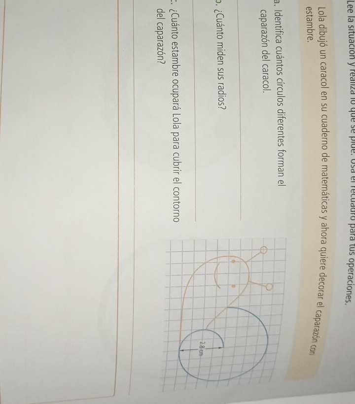 Lee la situación y realiza lo que se pide: Osa el recuadro para tus operaciones. 
Lola dibujó un caracol en su cuaderno de matemáticas y ahora quiere decorar el caparazón con 
estambre. 
a. Identifica cuántos círculos diferentes forman el 
caparazón del caracol. 
_ 
b. ¿Cuánto miden sus radios? 
_ 
E. ¿Cuánto estambre ocupará Lola para cubrir el contorno 
del caparazón? 
_ 
_ 
_