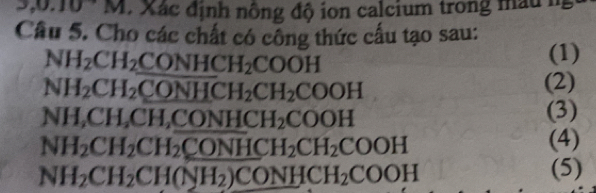 10M Xác định nông độ ion calcium trong máu ng 
Câu 5. Cho các chất có công thức cấu tạo sau:
NH_2CH_2CONHCH_2COOH
(1)
NH_2CH_2CONHCH_2CH_2COOH (2)
NH, CH_2CH, CONHCH_2COOH
(3)
NH_2CH_2CH_2CONHCH_2CH_2COOH
(4)
NH_2CH_2CH(NH_2)CONHCH_2COOH (5)