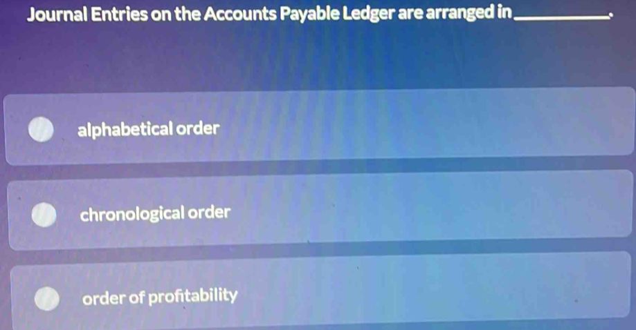 Journal Entries on the Accounts Payable Ledger are arranged in_
.
alphabetical order
chronological order
order of profitability