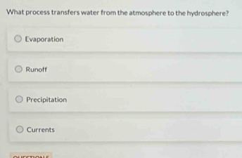 What process transfers water from the atmosphere to the hydrosphere?
Evaporation
Runoff
Precipitation
Currents