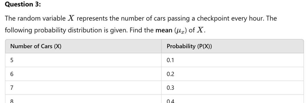 The random variable X represents the number of cars passing a checkpoint every hour. The
following probability distribution is given. Find the mean (mu _x) of X.
8
04