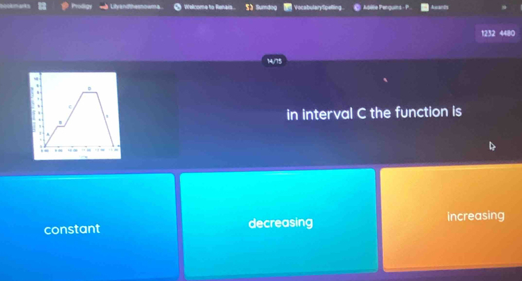 Prodigs Lilyandthesnowma Welcome to Renais.. S Sumdog VocabularySpelling Adilte Penguins - P.. Aards
1232 4480
14/15
。
c
1
in interval C the function is
B
constant decreasing increasing