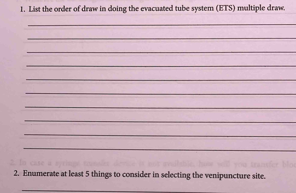 Solved: List the order of draw in doing the evacuated tube system (ETS ...
