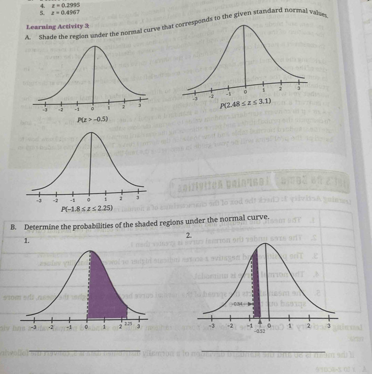 z=0.2995
5. z=0.4967
A. Shade the region under the normal curve thands to the given standard normal values
Learning Activity 3
P(z>-0.5)
B. Determine the probabilities of the shaded regions under the normal curve.
2.
1.
 
__