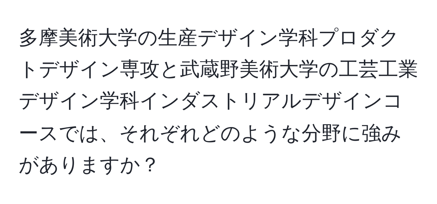 多摩美術大学の生産デザイン学科プロダクトデザイン専攻と武蔵野美術大学の工芸工業デザイン学科インダストリアルデザインコースでは、それぞれどのような分野に強みがありますか？