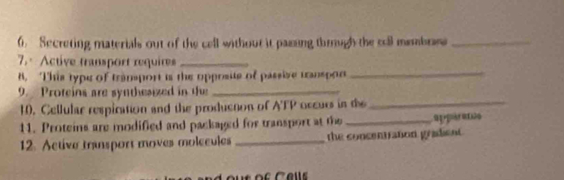 Secreting materials out of the cell without it pasing thrugh the coll membrase_ 
7. Active transport requires_ 
B. This type of transport is the opposite of passive tanspor_ 
9. Proteins are synthesized in the_ 
10. Cellular respication and the producton of ATP occurs in the_ 
11. Proteins are modified and packaged for transport at the _apperatco 
12. Active transport moves molecules _the concentaton gradent .