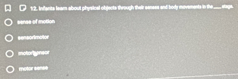 Infants learn about physical objects through their senses and body movements in the ____ etage.
sense of motion
sensorimotor
motortgensor
motor sense