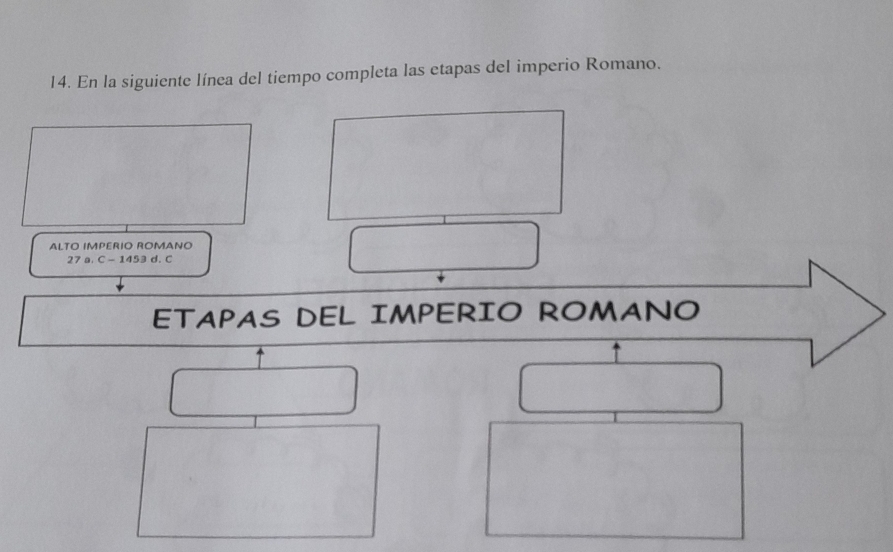 En la siguiente línea del tiempo completa las etapas del imperio Romano. 
ALTO IMPERIO ROMANO
27a.C-1453d.C
ETAPAS DEL IMPERIO ROMANO