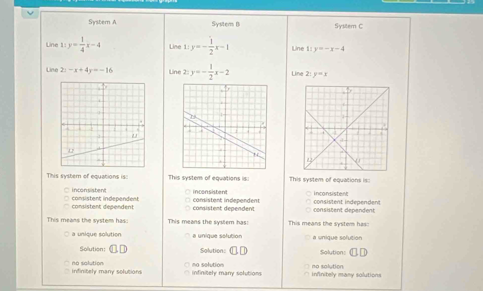 System A System B System C
Line 1:y= 1/4 x-4 Line 1:y=- 1/2 x-1 Line 1:y=-x-4
Line 2:-x+4y=-16 Line 2:y=- 1/2 x-2 Line 2:y=x
This system of equations is: This system of equations is: This system of equations is:
inconsistent inconsistent inconsistent
consistent independent consistent independent consistent independent
consistent dependent consistent dependent consistent dependent
This means the system has: This means the system has: This means the system has:
a unique solution a unique solution a unique solution
Solution: Solution: Solution:
no solution no solution no solution
infinitely many solutions infinitely many solutions infinitely many solutions