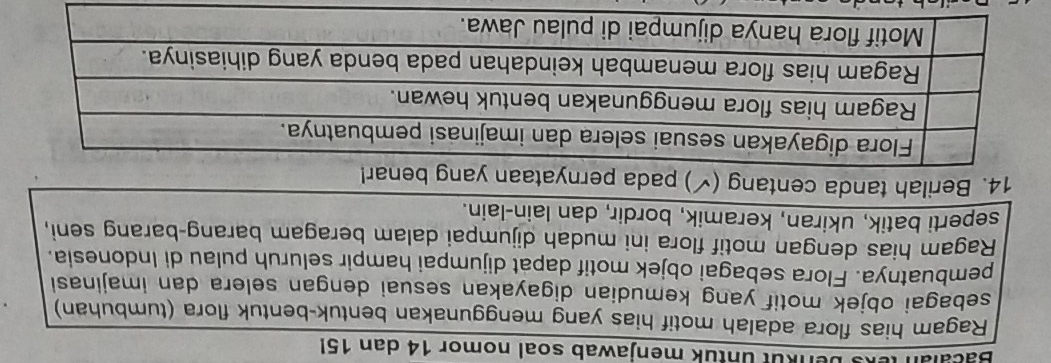 enküt üntük menjawab soal nomor 14 dan 15
Ragam hias flora adalah motif hias yang menggunakan bentuk-bentuk flora (tumbuhan) 
sebagai objek motif yang kemudian digayakan sesuai dengan selera dan imajinasi 
pembuatnya. Flora sebagai objek motif dapat dijumpai hampir seluruh pulau di Indonesia. 
Ragam hias dengan motif flora ini mudah dijumpai dalam beragam barang-barang seni, 
seperti batik, ukiran, keramik, bordir, dan lain-lain. 
14. Berilah tanda centang (✓) pada p