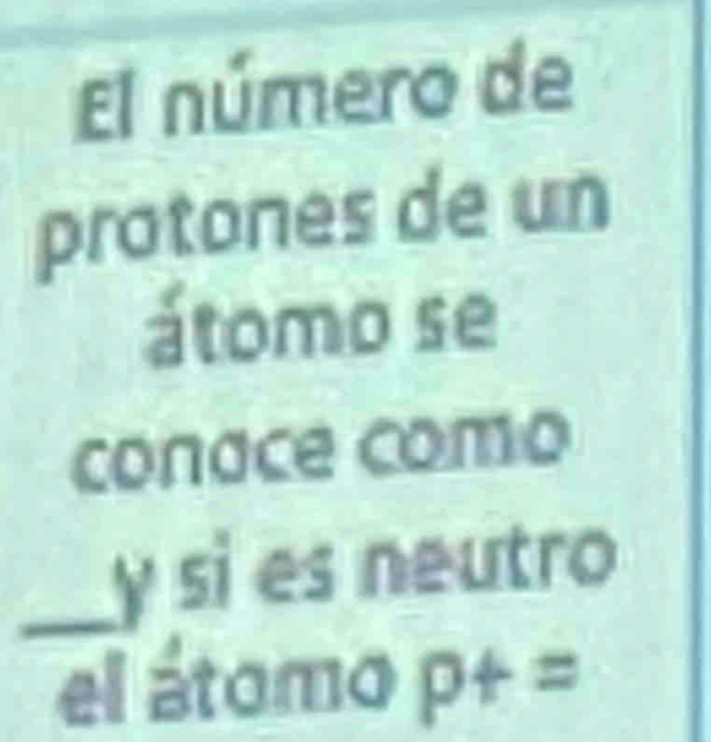 El número de 
protones de un 
átomo se 
conace como 
_y si es neutro 
el átomo p+=